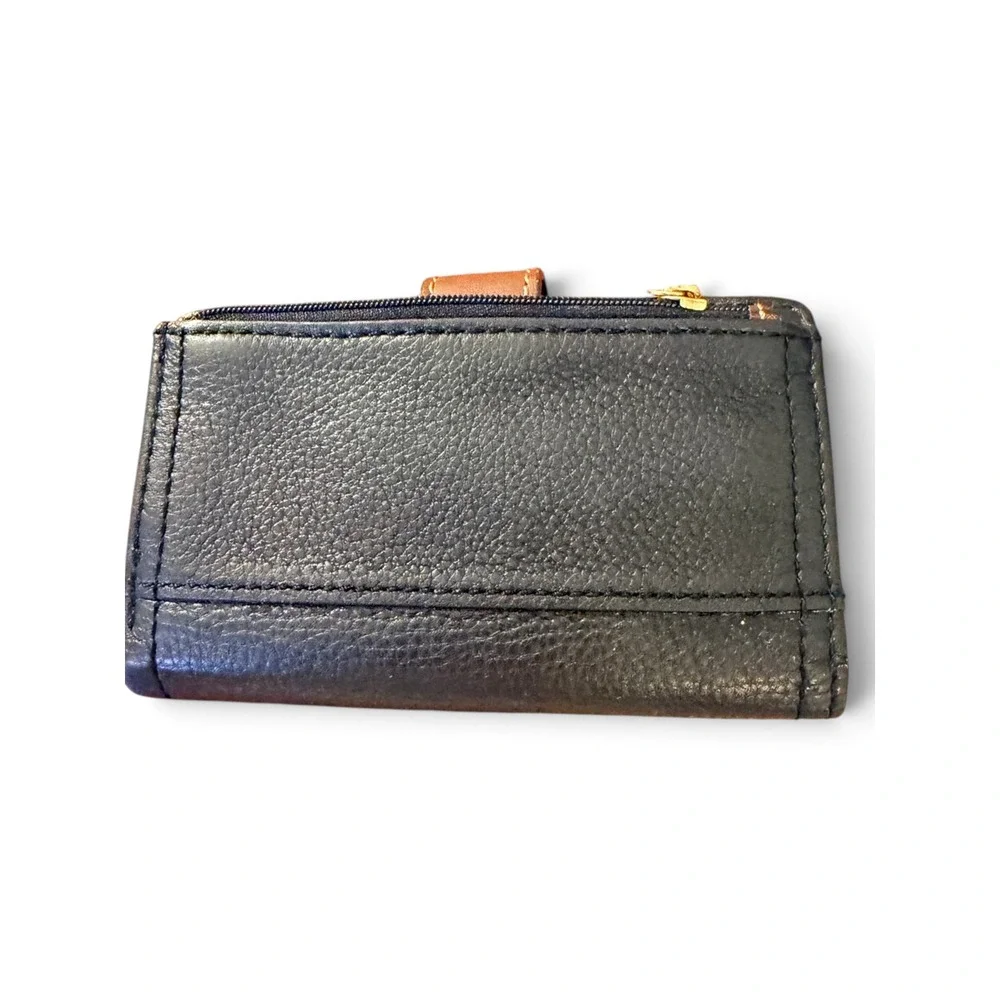 Fossil Trifold Wallet Black Pebbled Leather Brown Trim Card Slots Small